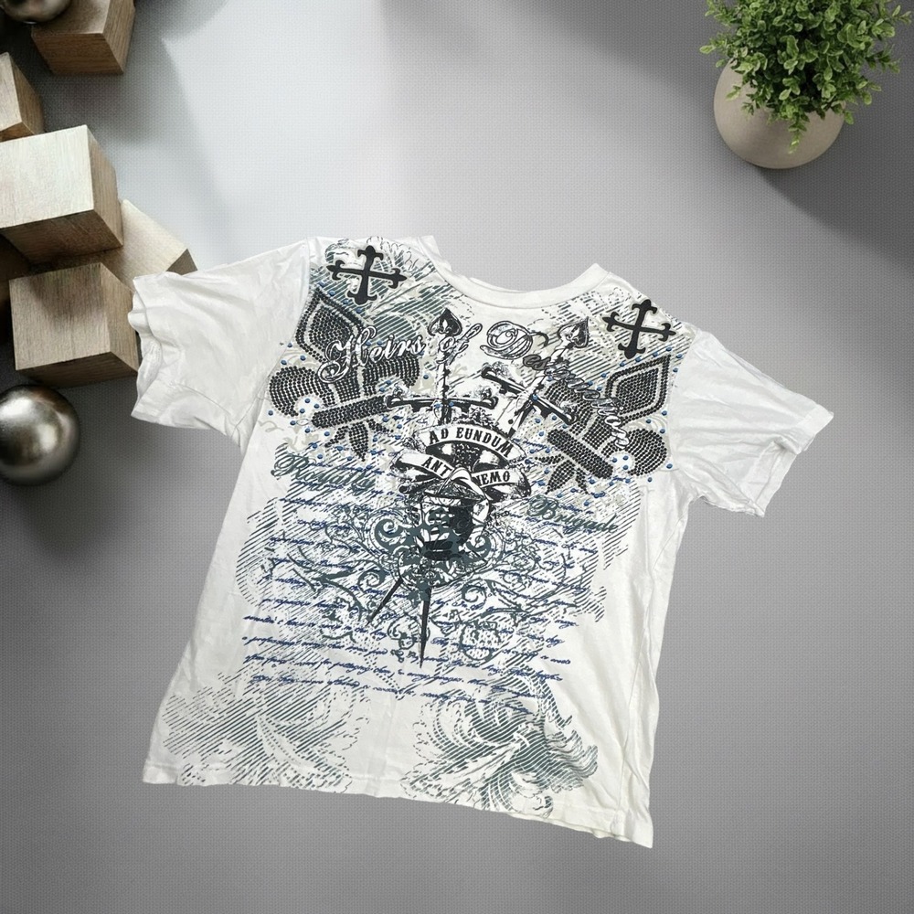 No Boundaries Y2K Graphic Tee White Cross Fleur De Lis Grunge Skater Shirt M
